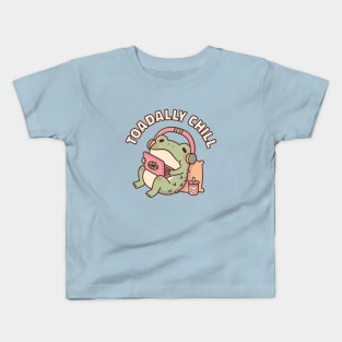 Cute Toad Relaxing With Laptop and Headphones Toadally Chill Funny Kids T-Shirt